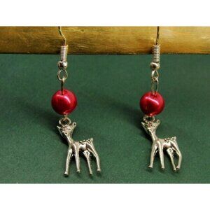 Deer Bambi Red Bead Silver Tone Vertical Drop Dangle Hook Earrings Womans